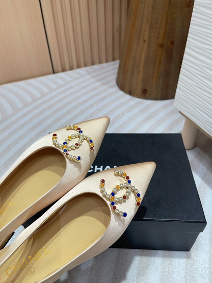 CC SLINGBACKS BEIGE CREAM SATIN AND LAMBSKIN
