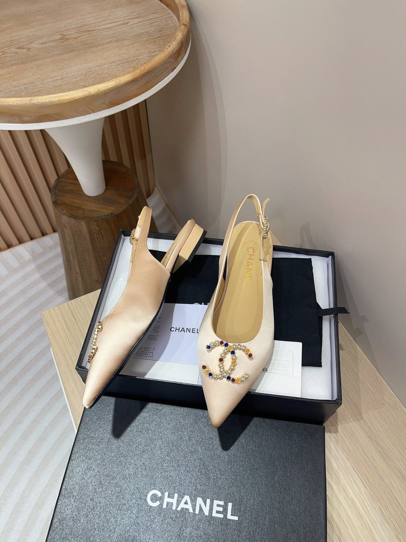 CC SLINGBACKS BEIGE CREAM SATIN AND LAMBSKIN