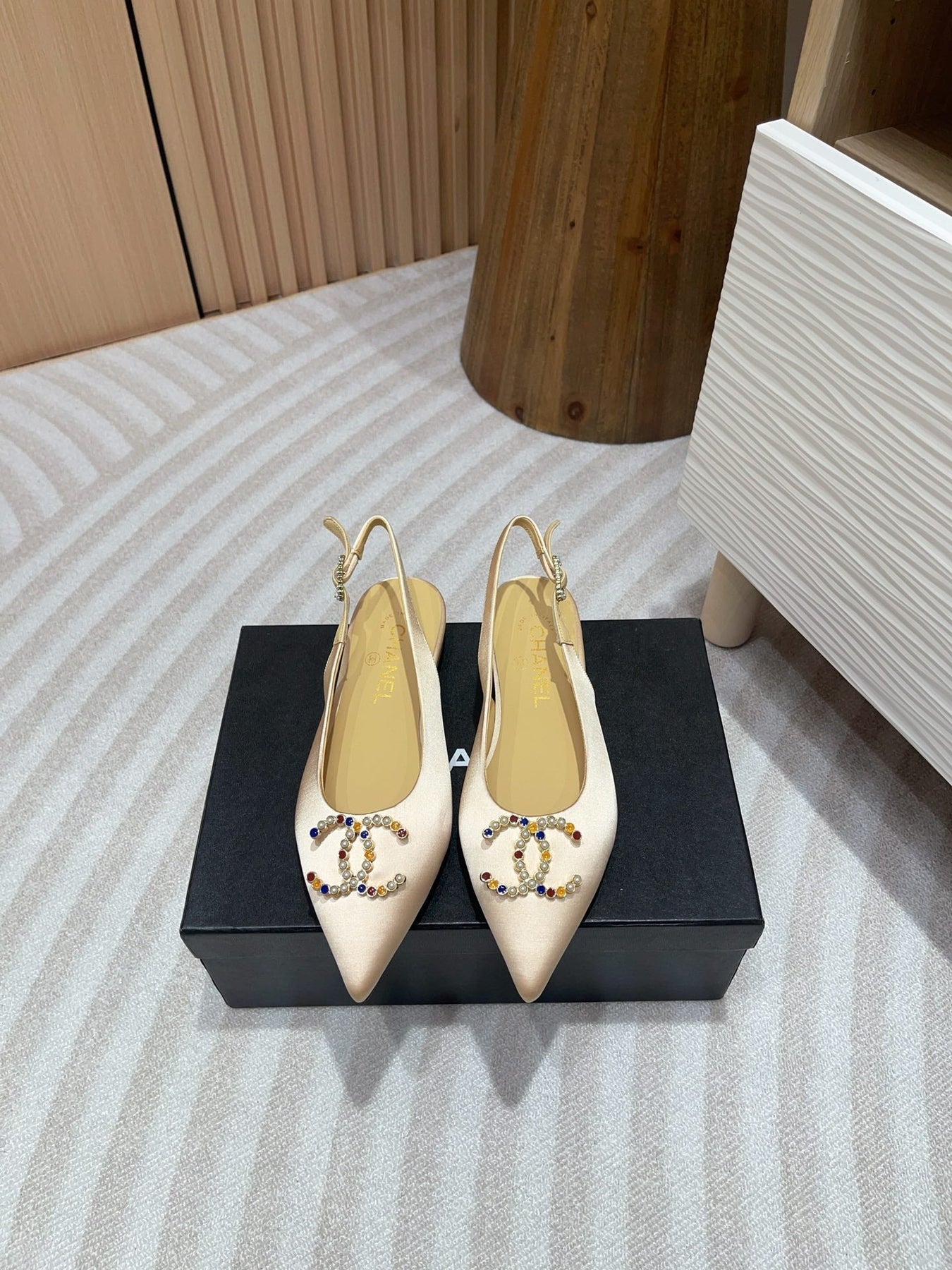 CC SLINGBACKS BEIGE CREAM SATIN AND LAMBSKIN
