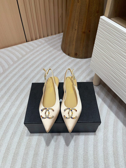 CC SLINGBACKS BEIGE CREAM SATIN AND LAMBSKIN