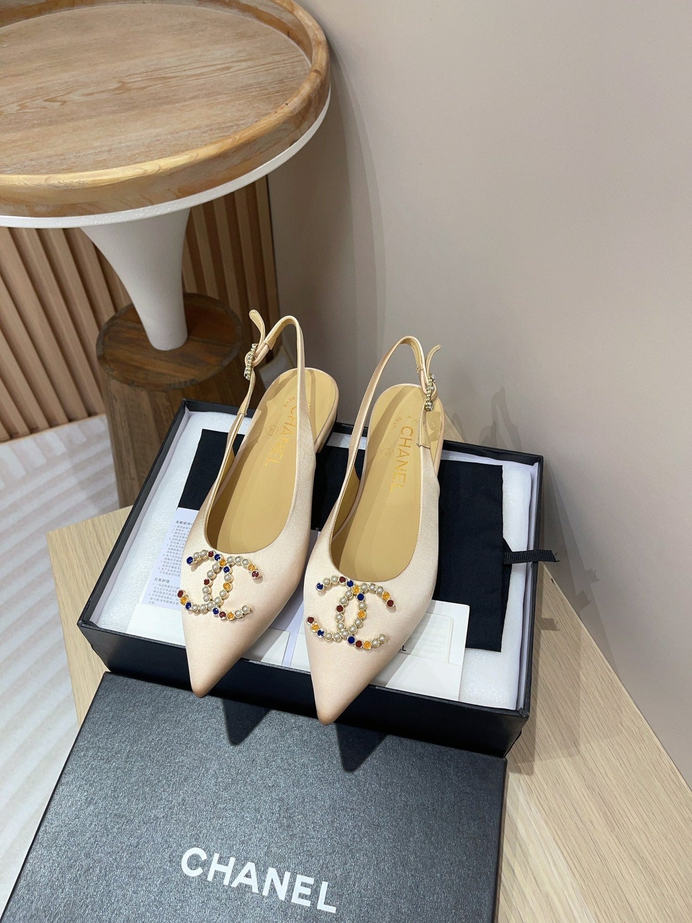 CC SLINGBACKS BEIGE CREAM SATIN AND LAMBSKIN