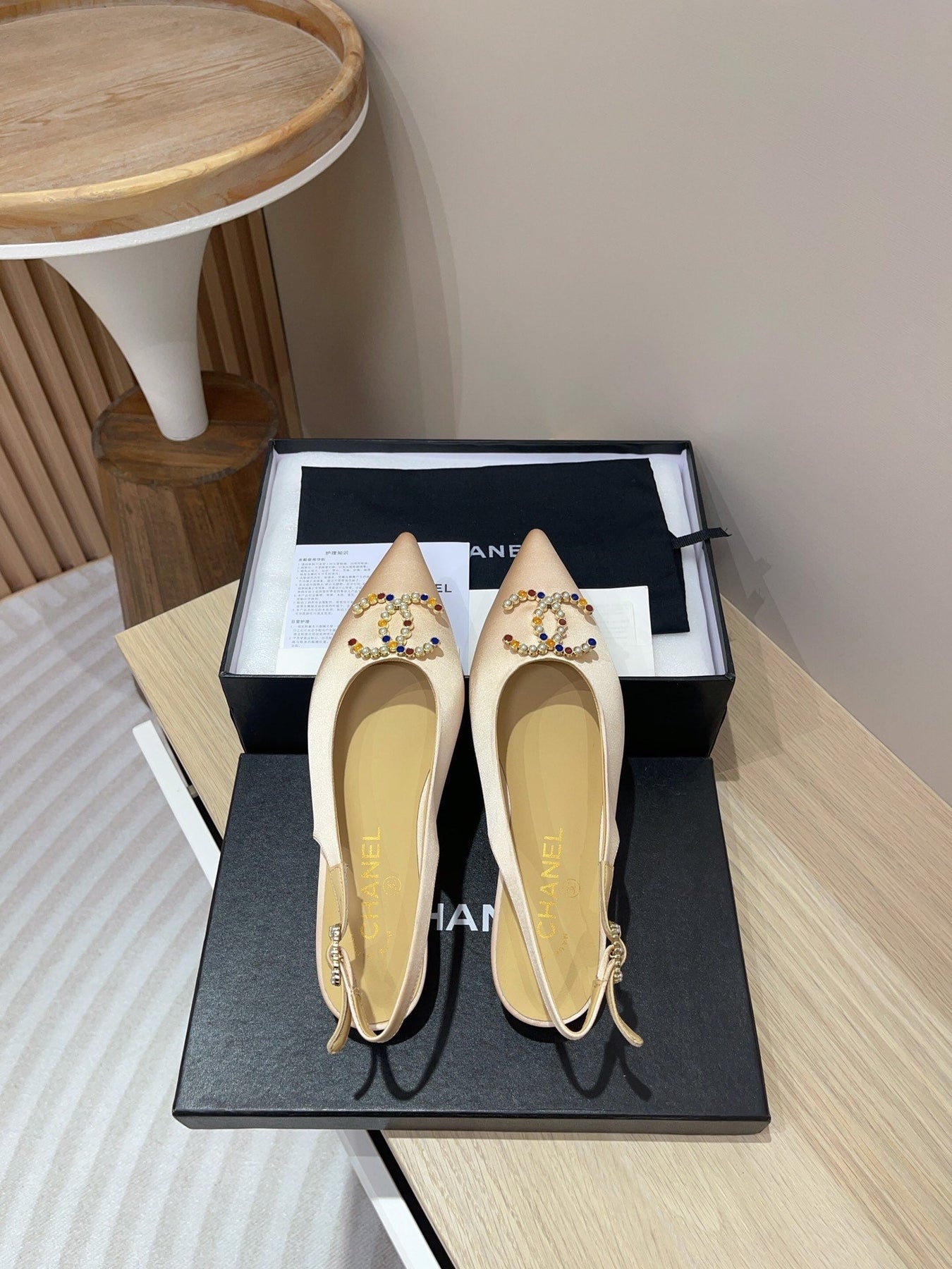 CC SLINGBACKS BEIGE CREAM SATIN AND LAMBSKIN