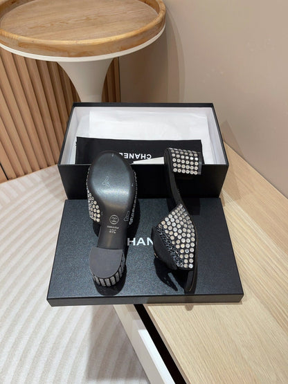 CC HIGH HEEL BLACK SATIN WITH WHITE RHINESTONES