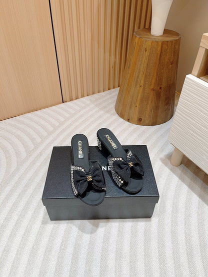 CC HIGH HEEL BLACK SATIN WITH WHITE RHINESTONES