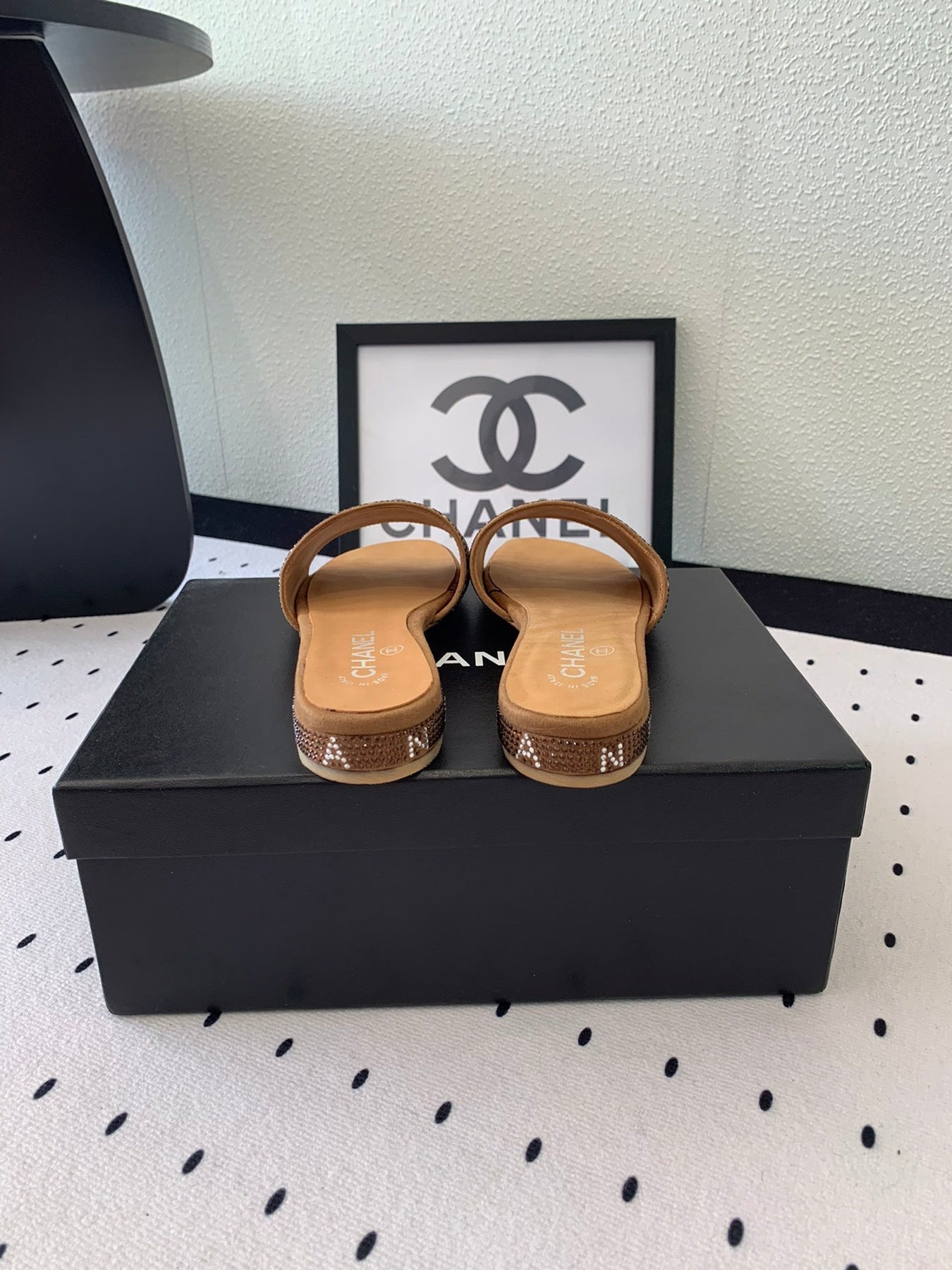 CC RHINESTONE LETTER SLIPPERS CINNAMON BROWN LAMBSKIN