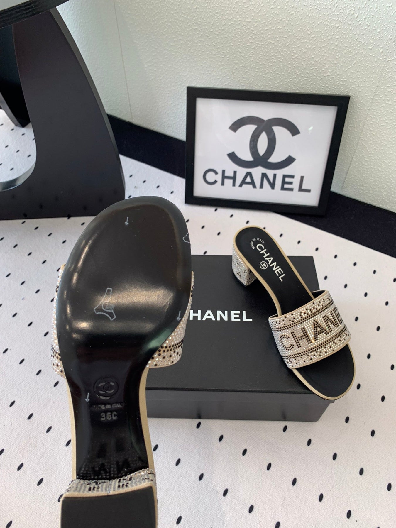 RHINESTONE LETTER HIGH HEELS CARAMEL BROWN AND BLACK LAMBSKIN