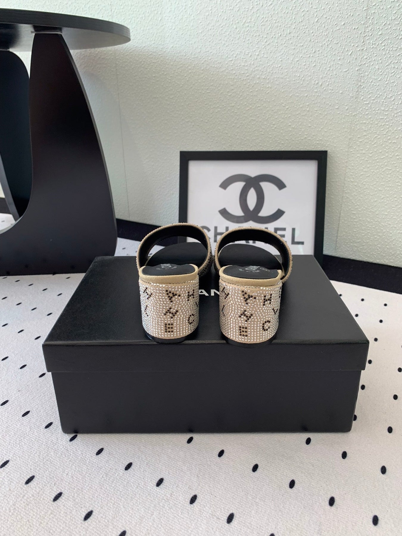 RHINESTONE LETTER HIGH HEELS CARAMEL BROWN AND BLACK LAMBSKIN