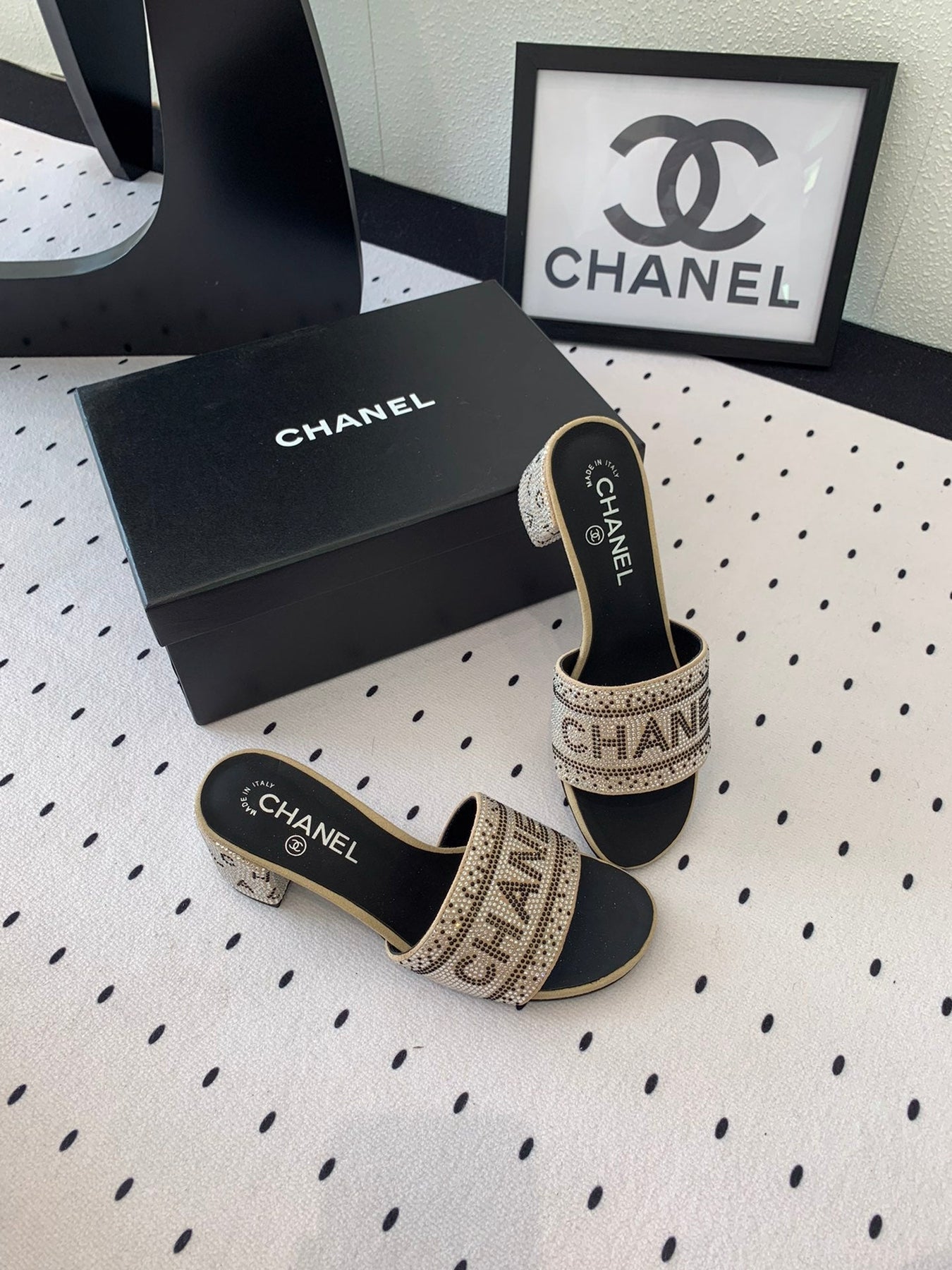 RHINESTONE LETTER HIGH HEELS CARAMEL BROWN AND BLACK LAMBSKIN