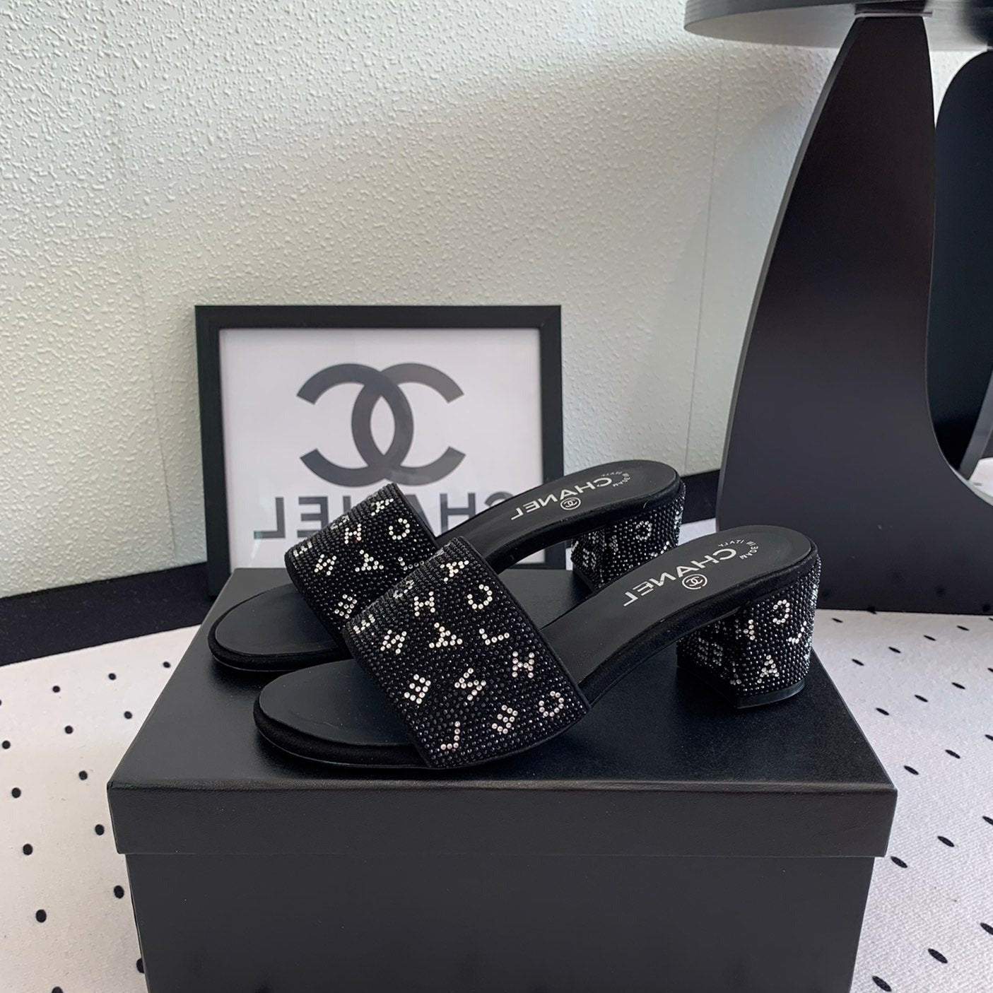 RHINESTONE LETTER HIGH HEELS BLACK LAMBSKIN