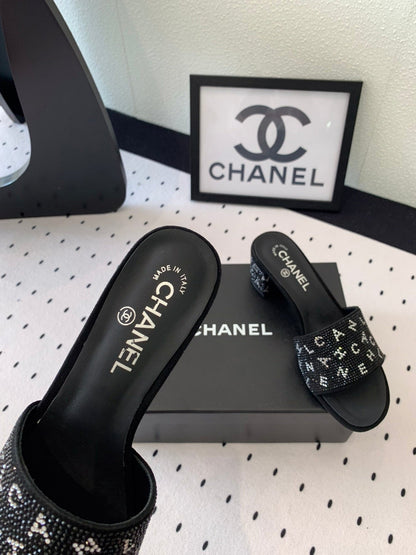 RHINESTONE LETTER HIGH HEELS BLACK LAMBSKIN