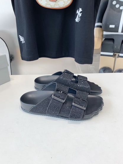 BIRKENSTOCK SLIPPERS ATTACHED RHINESTONES IN BLACK CALFSKIN