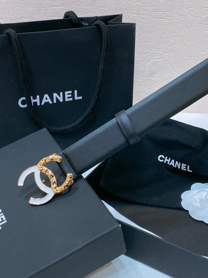 CC BELT 30MM IN BLACK SMOOTH CALFSKIN GOLD MIX WHITE METAL LOGO