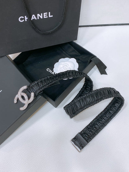 CC ELASTIC BELT 30MM IN BLACK CALFSKIN SILVER HARDWARE WITH RHINSTONES