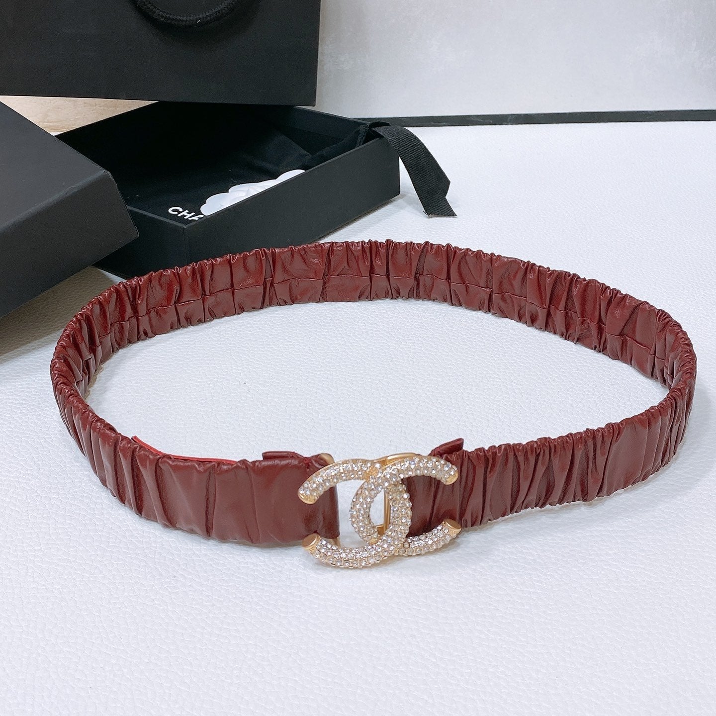 CC ELASTIC BELT 30MM IN WINE RED CALFSKIN GOLD HARDWARE WITH RHINSTONES