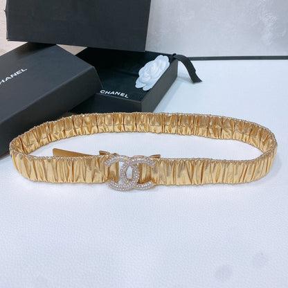 CC ELASTIC BELT 30MM IN GOLD CALFSKIN GOLD HARDWARE WITH RHINSTONES