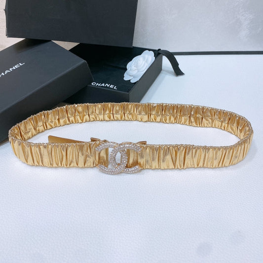 CC ELASTIC BELT 30MM IN GOLD CALFSKIN GOLD HARDWARE WITH RHINSTONES
