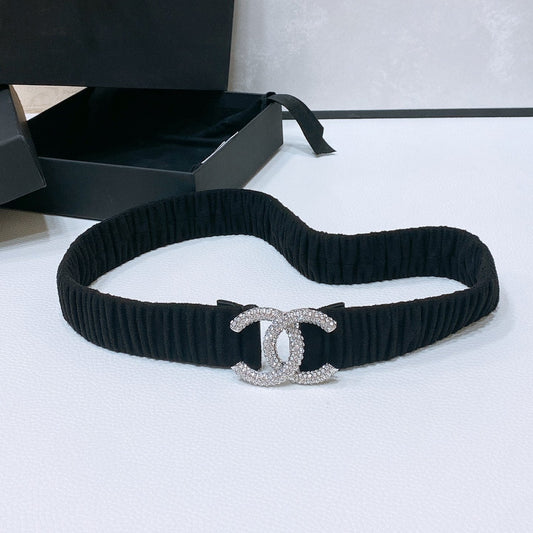 CC ELASTIC BELT 30MM IN BLACK WOOL FABRIC SILVER HARDWARE WITH RHINSTONES