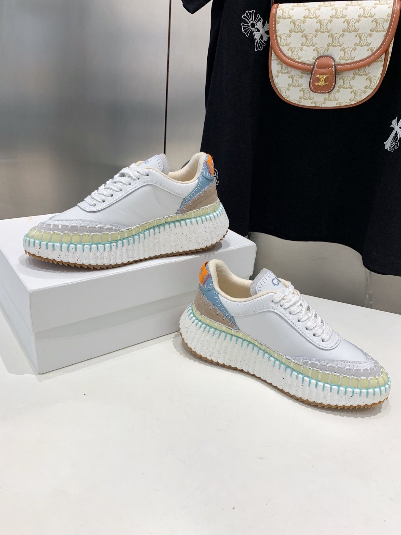 NAMA SNEAKER 5 CM IN WHITE MIX GREEN CALFSKIN