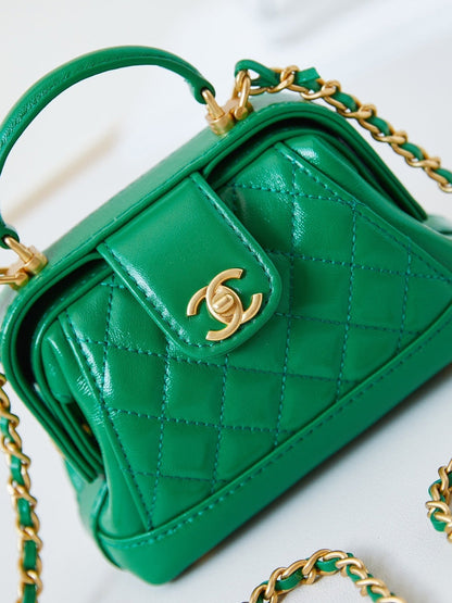 MINI TOP HANDLE BAG 13 IN GREEN OIL-WAX LAMBSKIN GOLD HARDWARE