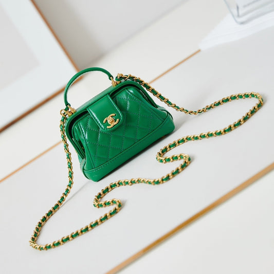 MINI TOP HANDLE BAG 13 IN GREEN OIL-WAX LAMBSKIN GOLD HARDWARE