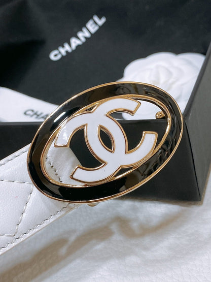 CC 30MM BELT IN WHITE EMBROIDERED CALFSKIN WHITE MIX BLACK METAL LOGO GOLD HARDWARE