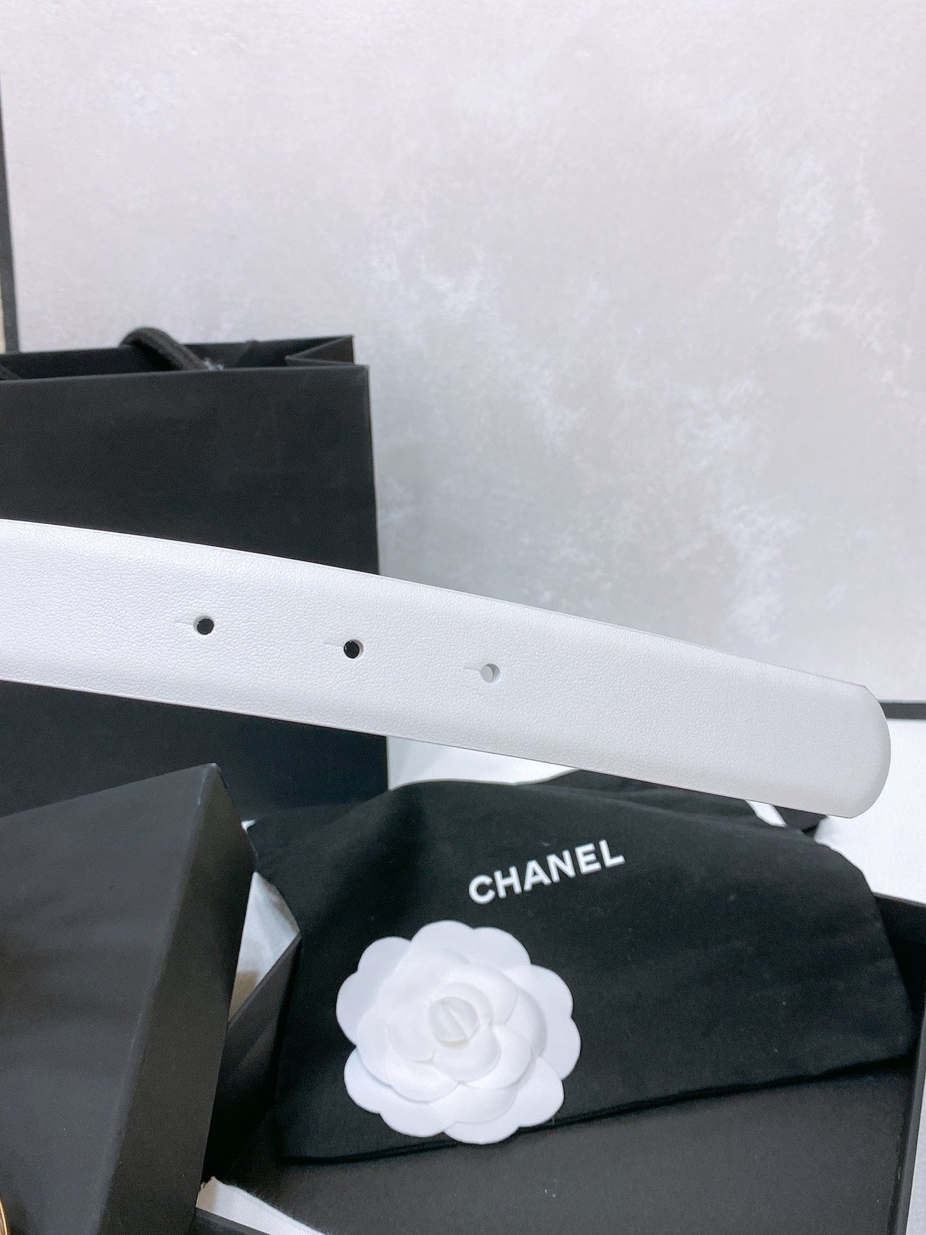 CC 30MM BELT IN WHITE SMOOTH CALFSKIN WHITE MIX BLACK METAL HARDWARE