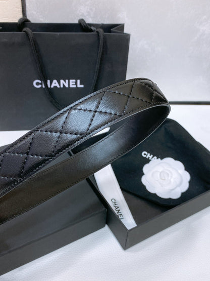 CC BELT 30 MM IN BLACK EMBROIDERED CALFSKIN PEARL LOGO WITH GOLD HARDWARE