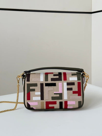 BAGUETTE CANVAS 19 BAG WITH MULTICOLOUR FF EMBROIDERY GOLD HARDWARE