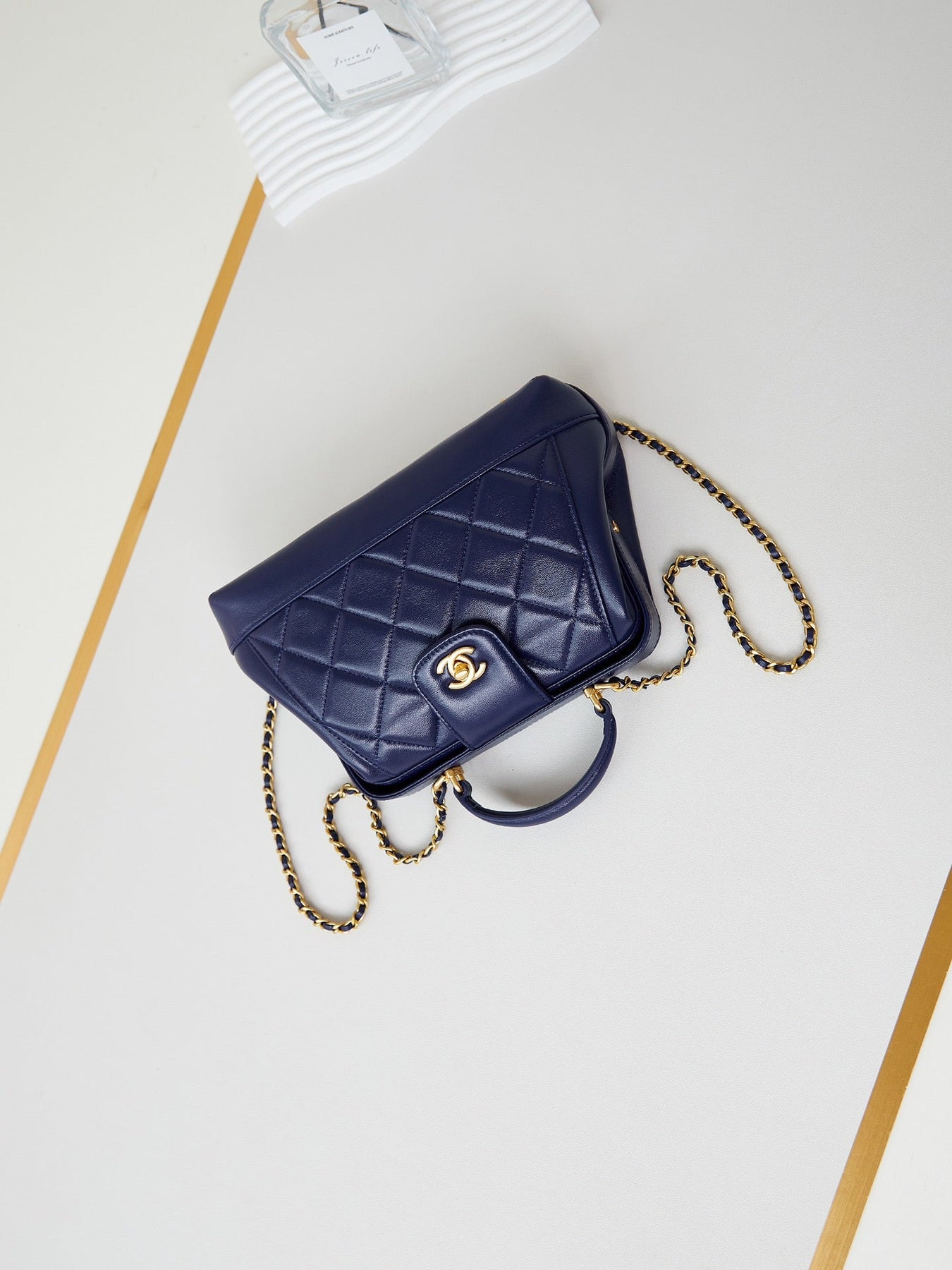 MEDIUM TOP HANDLE BAG 23 IN NAVY BLUE OIL-WAX LAMBSKIN GOLD HARDWARE
