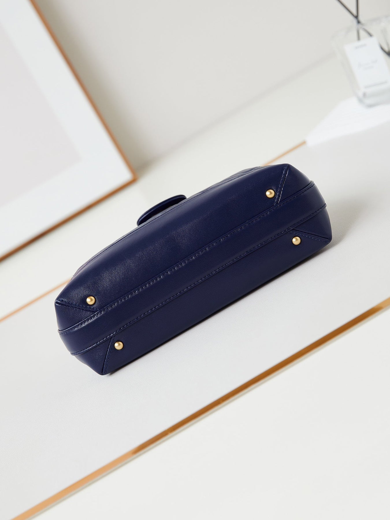 MEDIUM TOP HANDLE BAG 23 IN NAVY BLUE OIL-WAX LAMBSKIN GOLD HARDWARE
