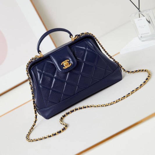 MEDIUM TOP HANDLE BAG 23 IN NAVY BLUE OIL-WAX LAMBSKIN GOLD HARDWARE