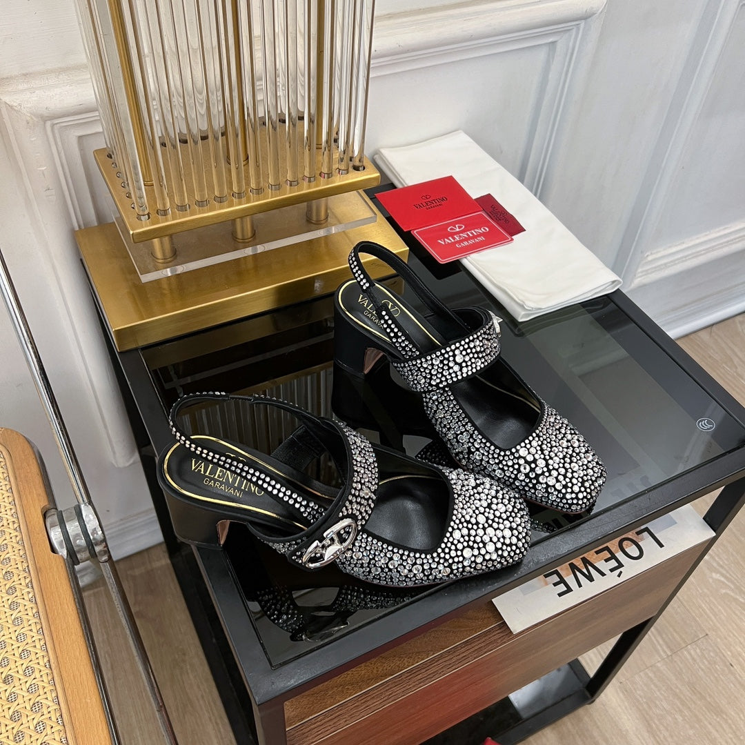 MARY-JANE VLOGO LOCKER SLINGBACK PUMPS BLACK SHEEPSKIN WITH 60MM CRYSTALS