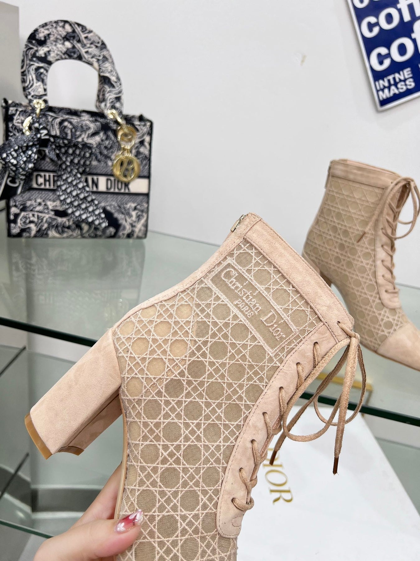 NAUGHTILY-D HEELED ANKLE BOOT IN BISQUE BEIGE CANNAGE MOTIF MESH AND SUEDE 8 CM