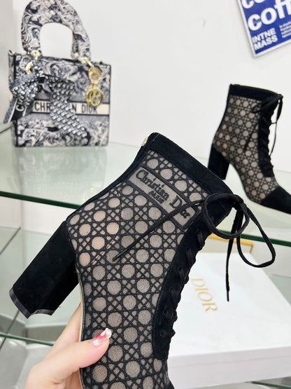 NAUGHTILY-D HEELED ANKLE BOOT IN BLACK CANNAGE MOTIF MESH AND SUEDE 8 CM