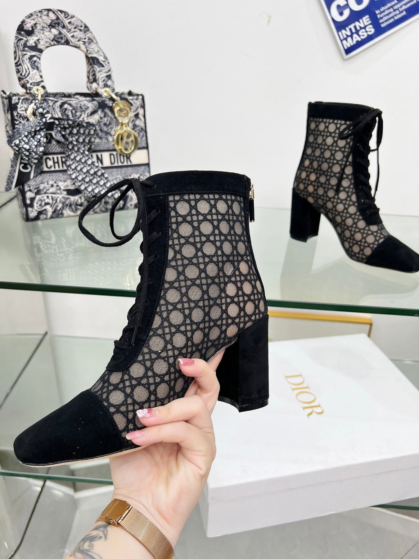 NAUGHTILY-D HEELED ANKLE BOOT IN BLACK CANNAGE MOTIF MESH AND SUEDE 8 CM