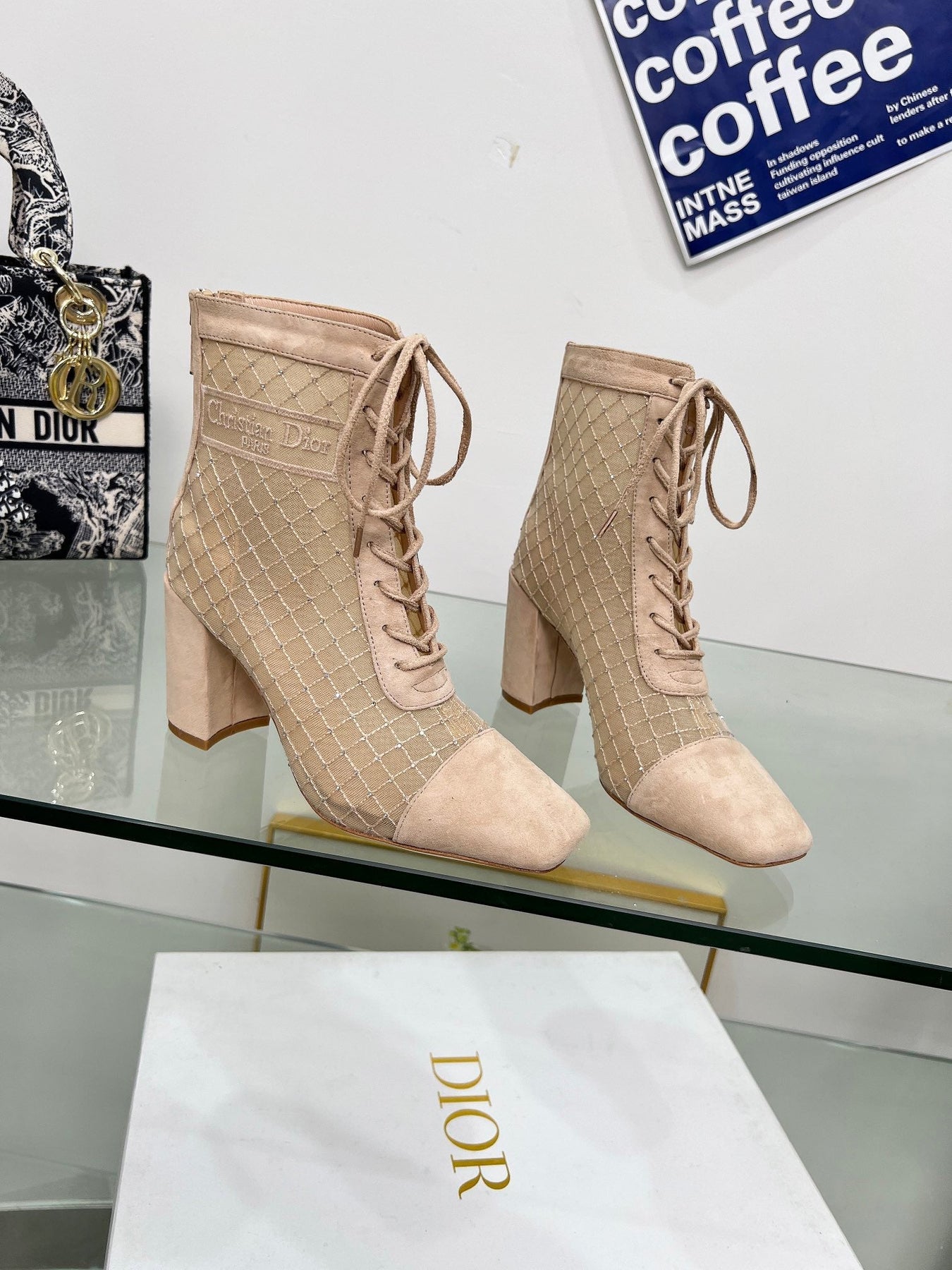 NAUGHTILY-D HEELED ANKLE BOOT IN BISQUE BEIGE EMBROIDERED MESH AND SUEDE 8 CM