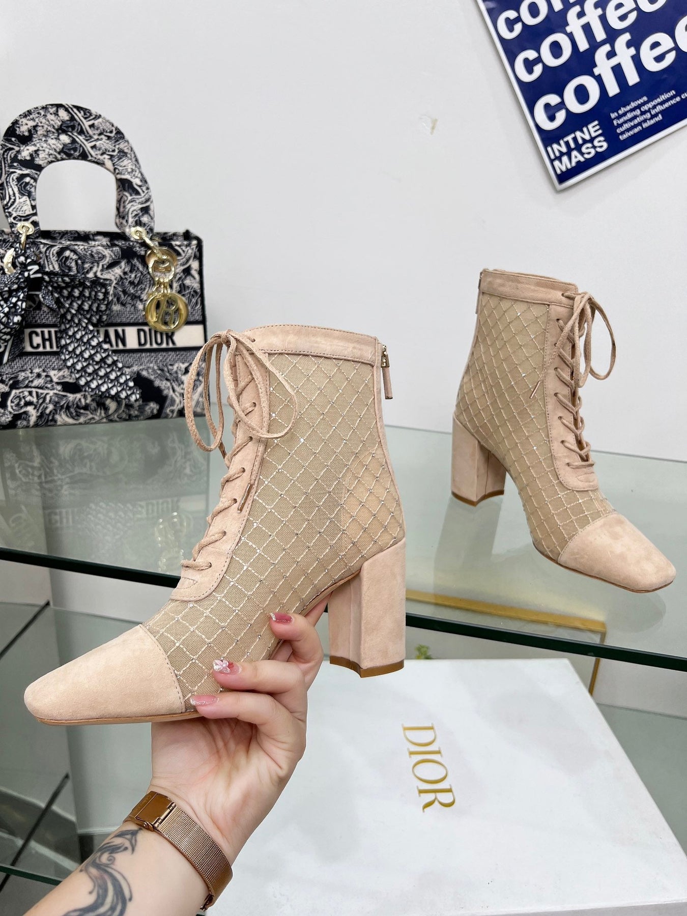 NAUGHTILY-D HEELED ANKLE BOOT IN BISQUE BEIGE EMBROIDERED MESH AND SUEDE 8 CM