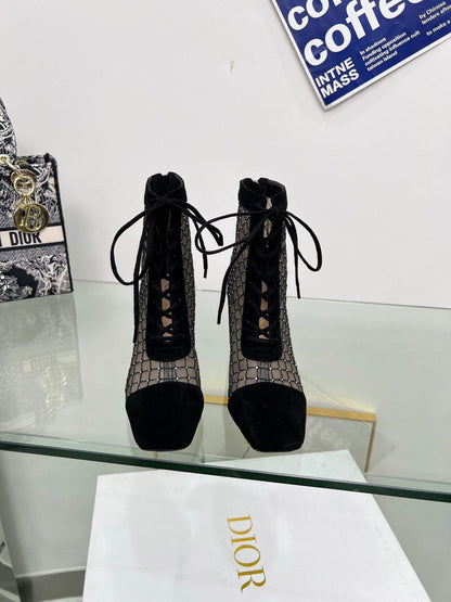 NAUGHTILY-D HEELED ANKLE BOOT IN BLACK EMBROIDERED MESH AND SUEDE 8 CM