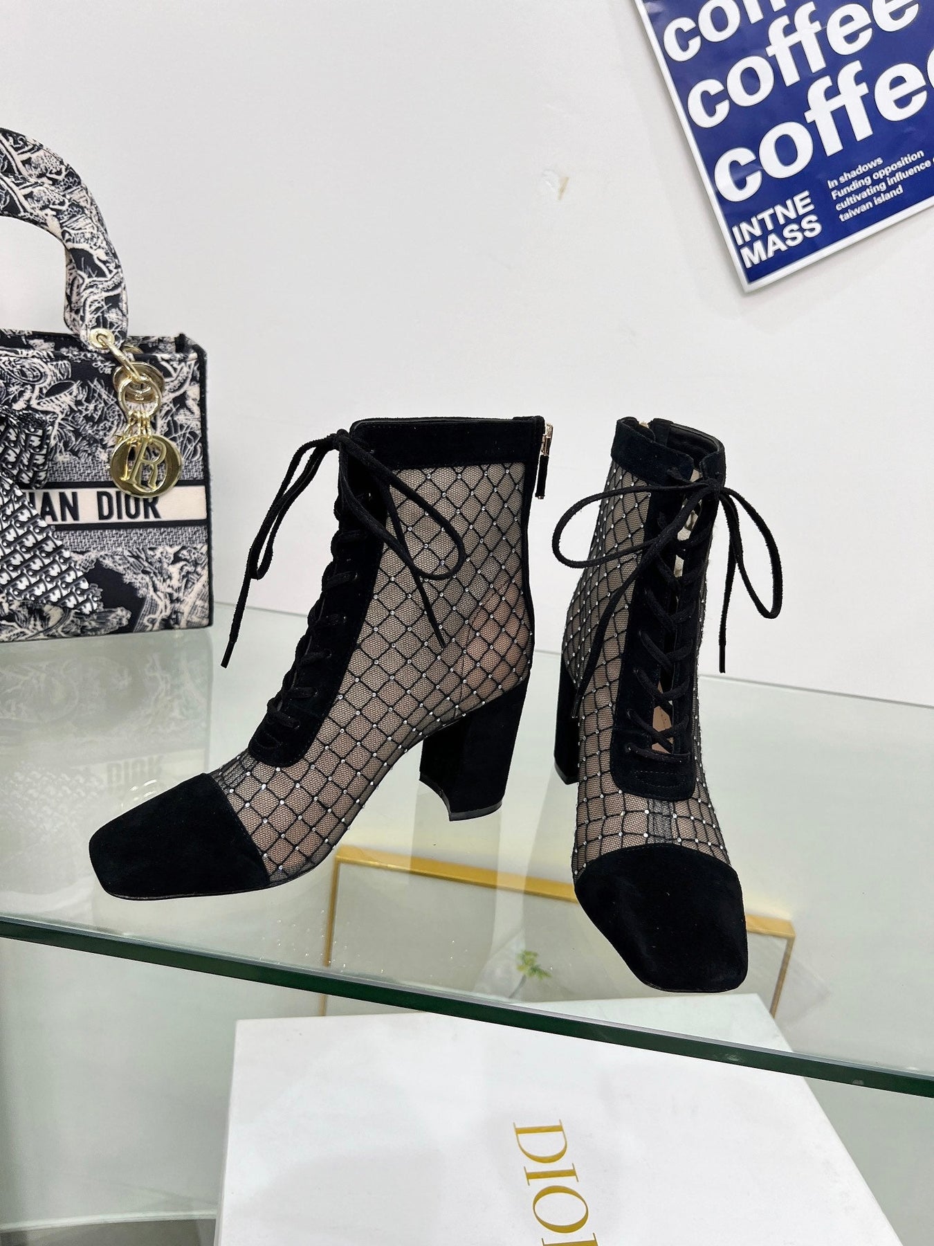NAUGHTILY-D HEELED ANKLE BOOT IN BLACK EMBROIDERED MESH AND SUEDE 8 CM