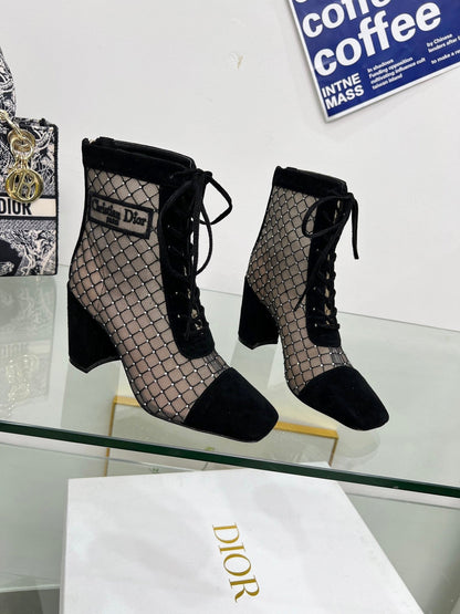 NAUGHTILY-D HEELED ANKLE BOOT IN BLACK EMBROIDERED MESH AND SUEDE 8 CM