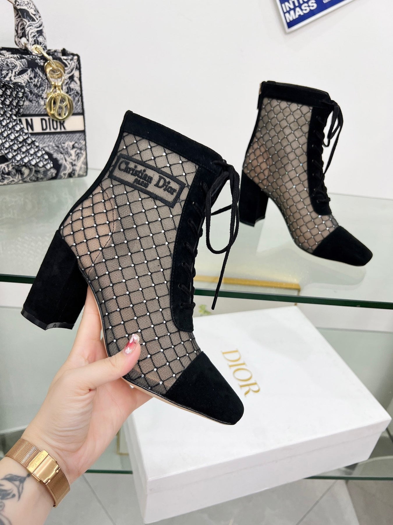 NAUGHTILY-D HEELED ANKLE BOOT IN BLACK EMBROIDERED MESH AND SUEDE 8 CM