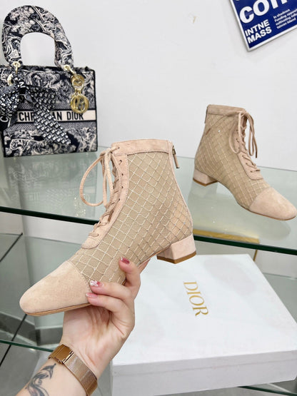NAUGHTILY-D HEELED ANKLE BOOT IN BISQUE BEIGE EMBROIDERED MESH AND SUEDE 35 MM