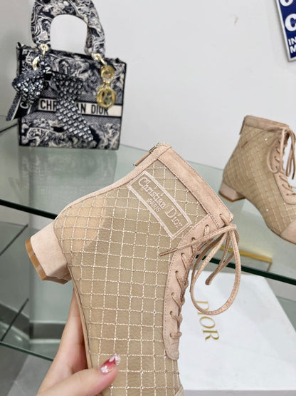 NAUGHTILY-D HEELED ANKLE BOOT IN BISQUE BEIGE EMBROIDERED MESH AND SUEDE 35 MM