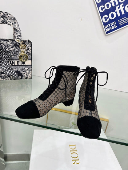 NAUGHTILY-D HEELED ANKLE BOOT IN BLACK EMBROIDERED MESH AND SUEDE 35 MM