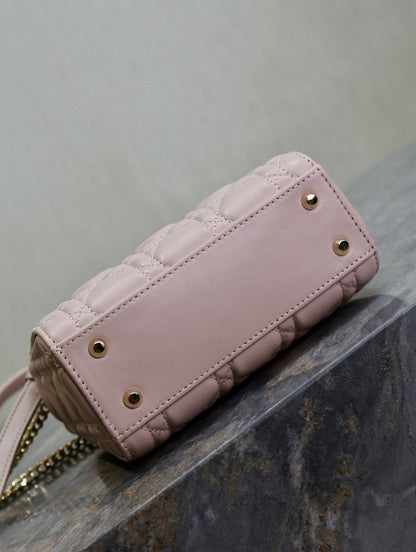 MINI LADY BAG 17 IN BABY PINK QUILTED MACROCANNAGE CALFSKIN SWAMP YELLOW STRAP