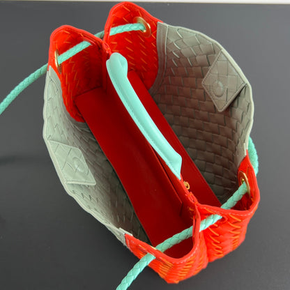 EAST WEST ANDIAMO BAG 29 IN ORANGE AND LIGHT GREEN CALFSKIN