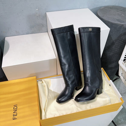 FENDI SHOW BLACK LEATHER HIGH-HEELED BOOTS