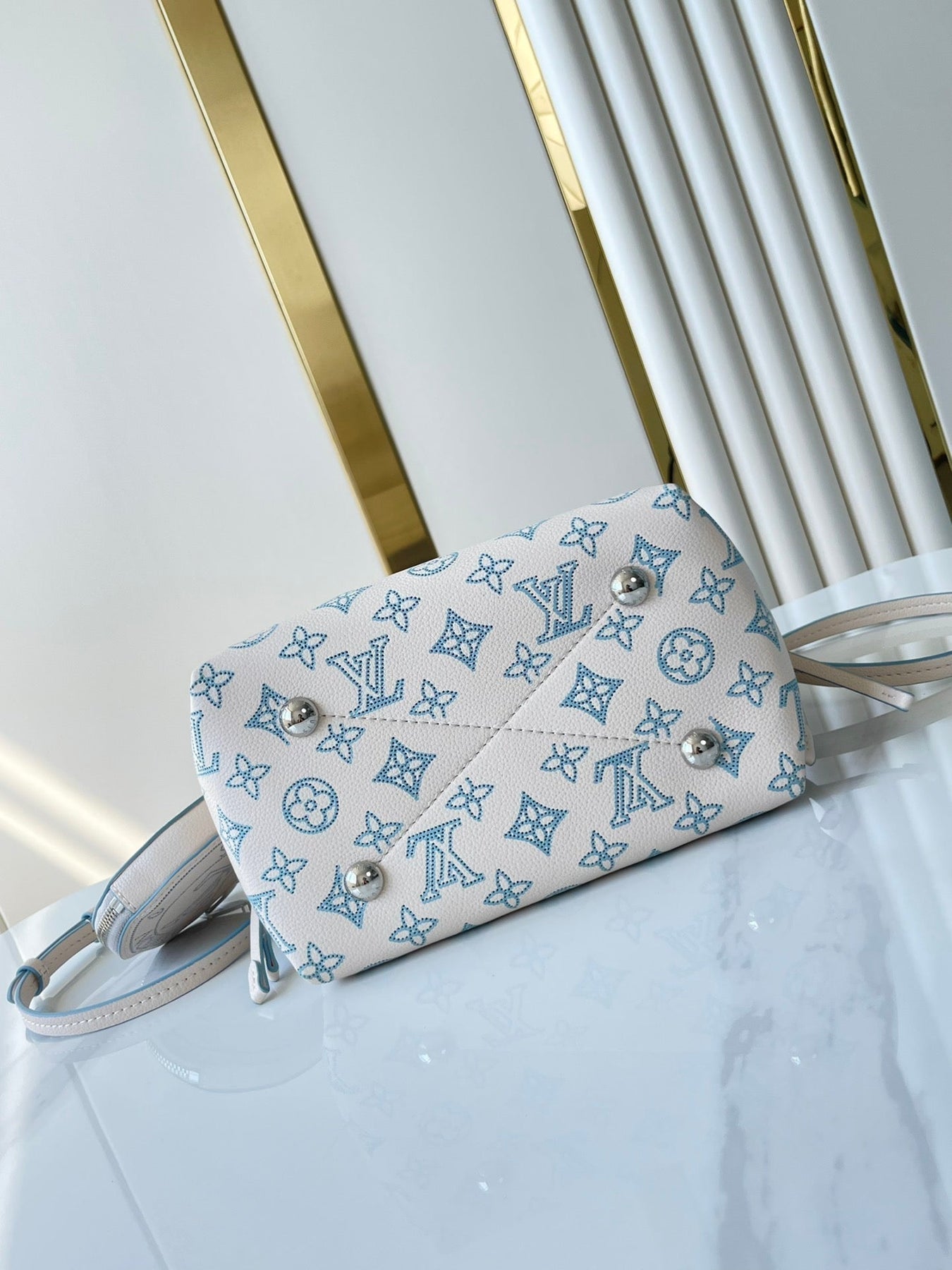 BELLA 22 IN WHITE PERFORATED CALFSKIN SILVER HARDWARE