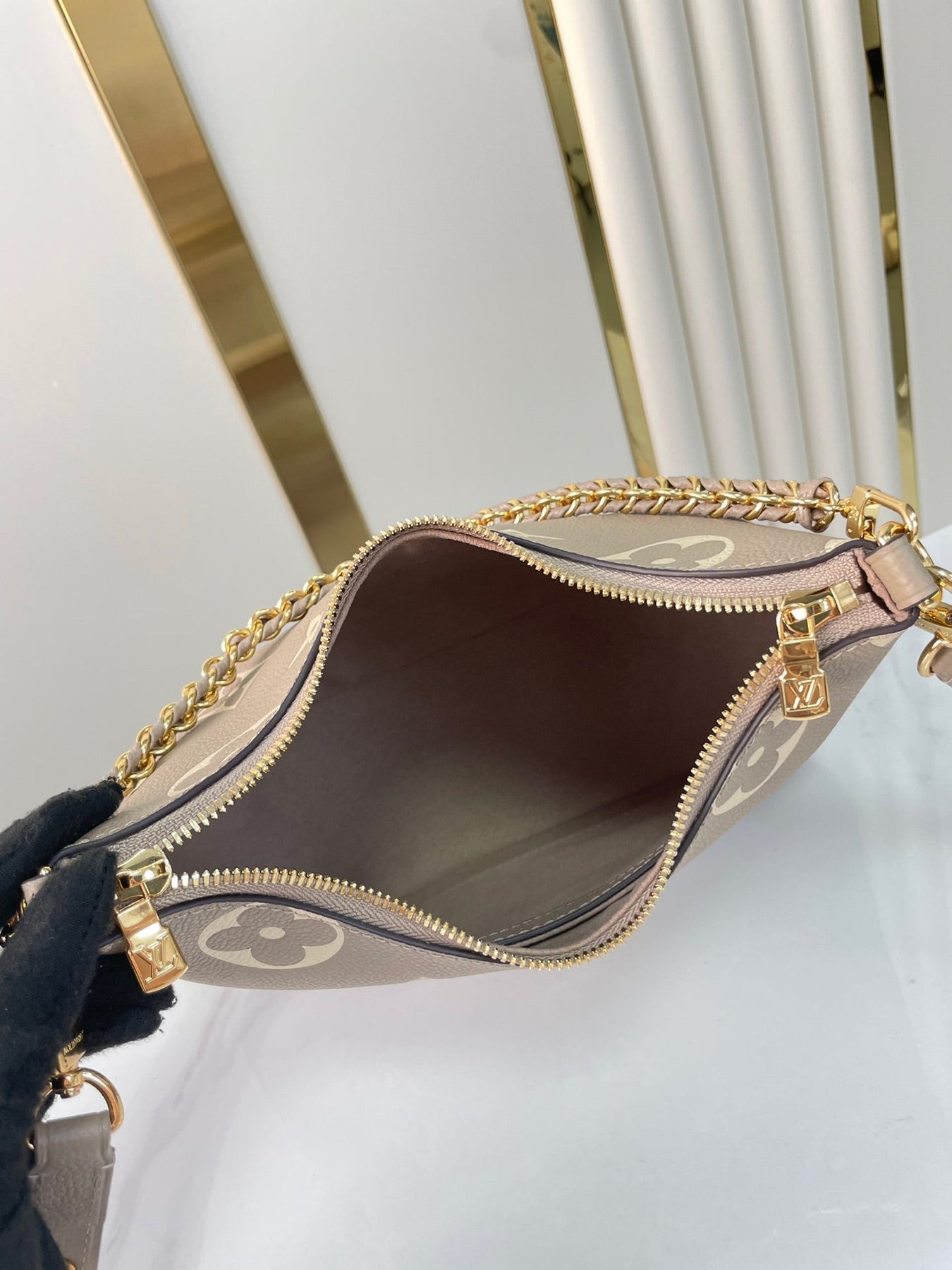 BOULOGNE 29 IN DOVE GRAY AND CREAM MONOGRAM EMPREINTE LEATHER GOLD HARDWARE