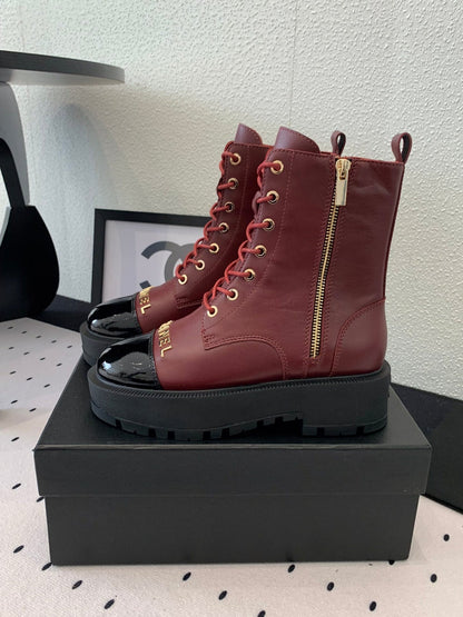 ANKLE BOOTS IN MAHOGANY RED MIX BLACK CALFSKIN